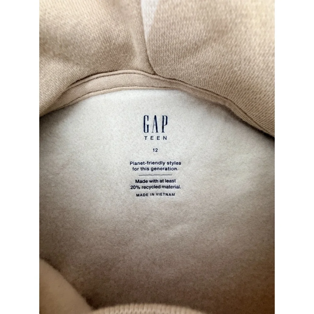 Gap Teen Hoodie Youth 12 Beige Logo‎ Print Pullover Fleece Kids